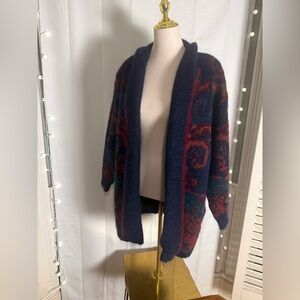 Vintage St. Michael Mohair Blend Tapestry Cardigan Coat Navy Red UK 10